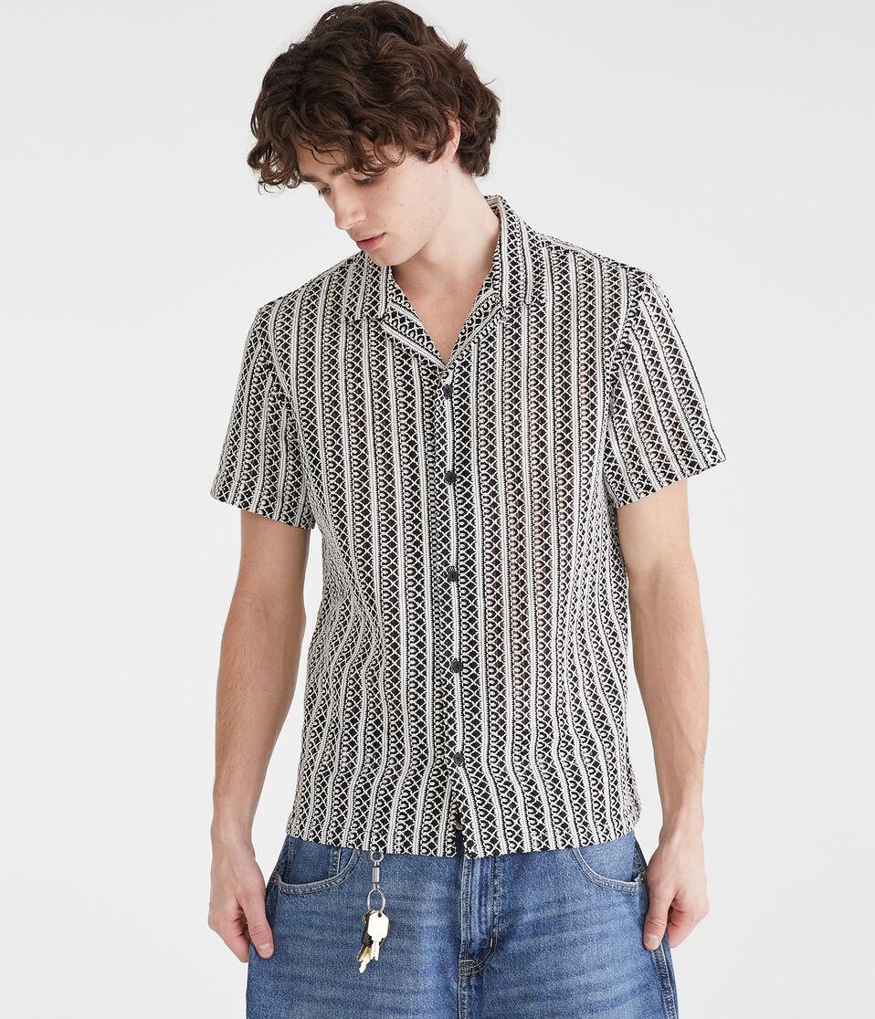 aéropostale Short Sleeve Textured Stripe Camp Shirt black fox