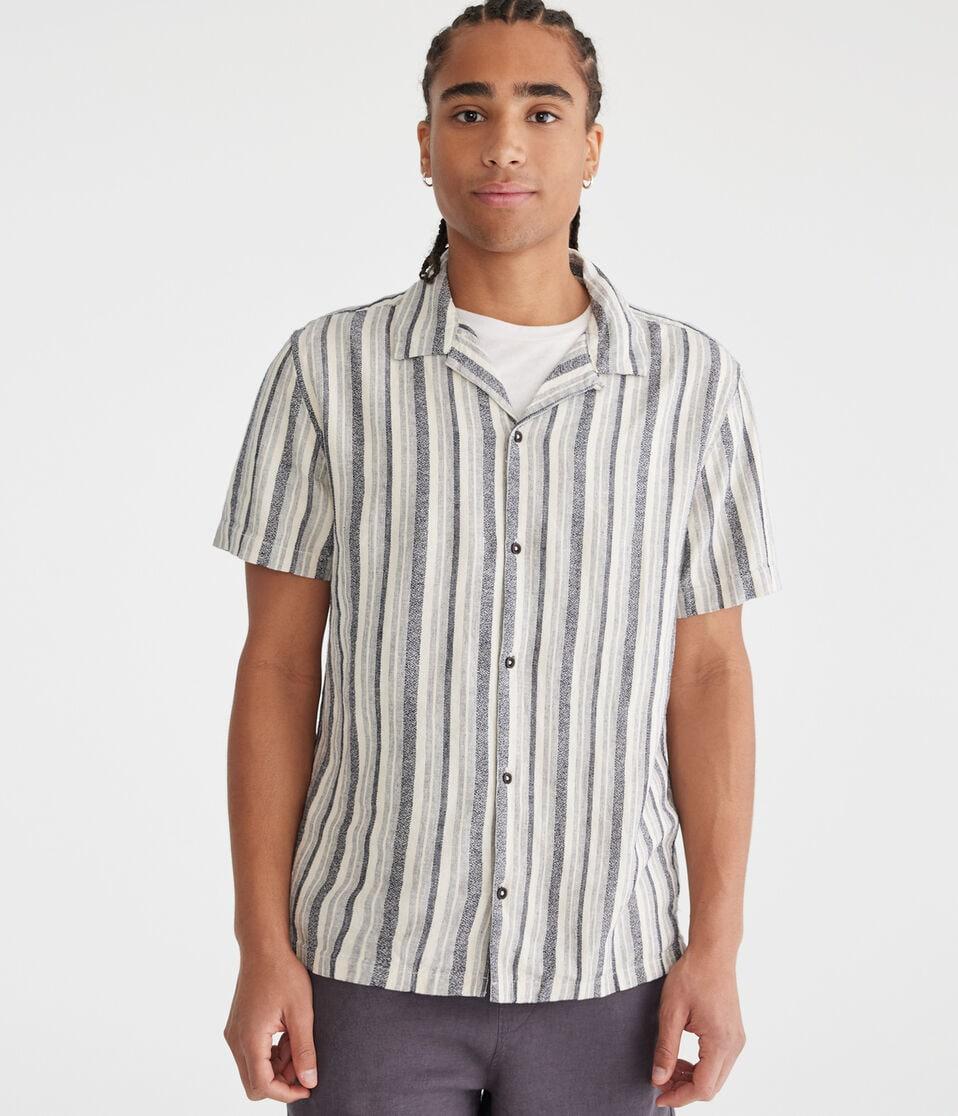 Aéropostale Short Sleeve Textured Stripe Linen Shirt Cadet Navy