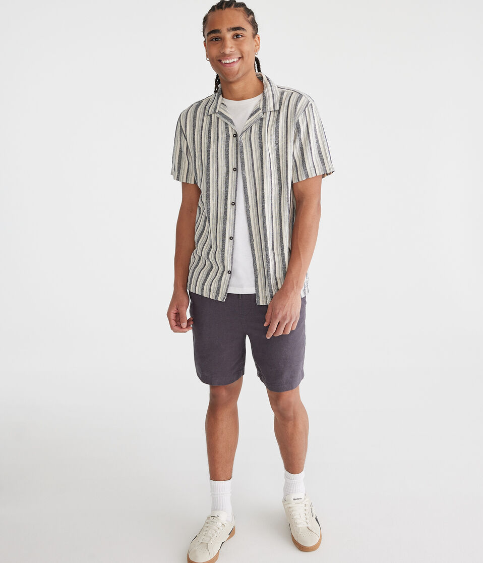 aéropostale Short Sleeve Textured Stripe Linen Shirt cadet navy