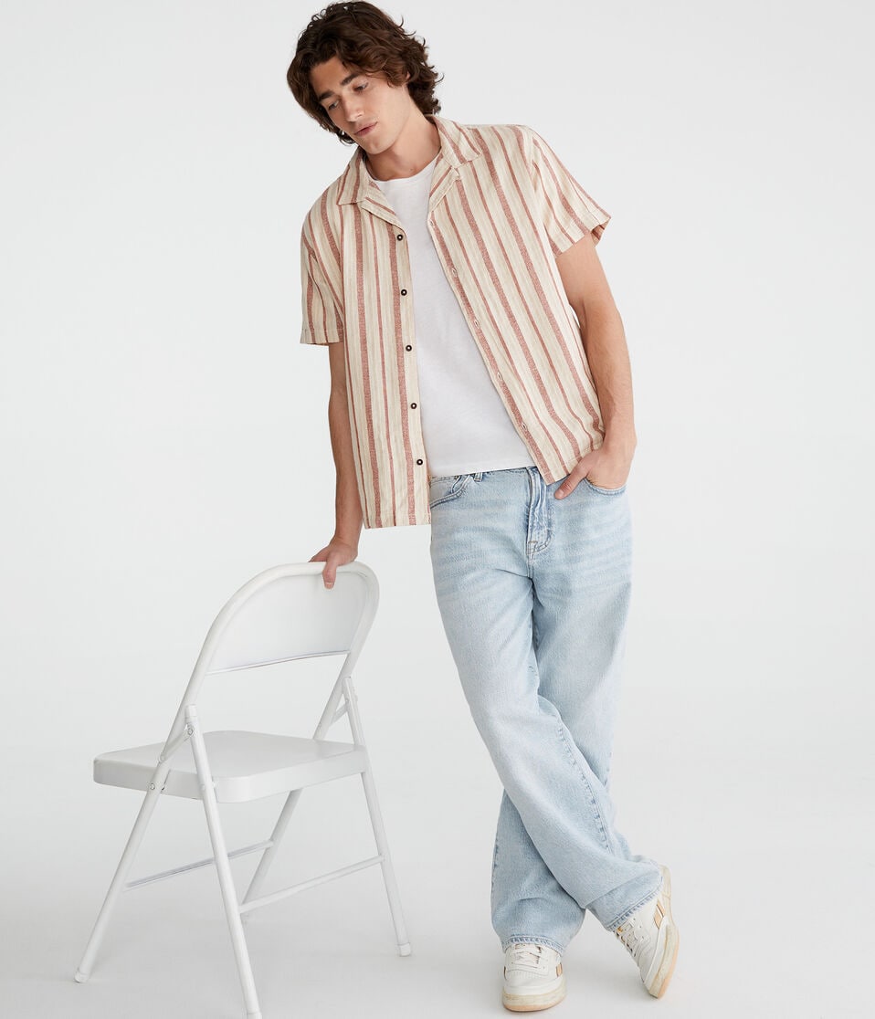 Aéropostale Short Sleeve Textured Stripe Linen Shirt Chutney