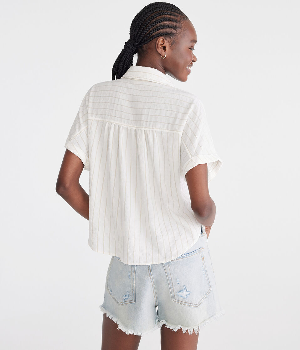 Aéropostale Short Sleeve Thin Stripe Camp Shirt Cream