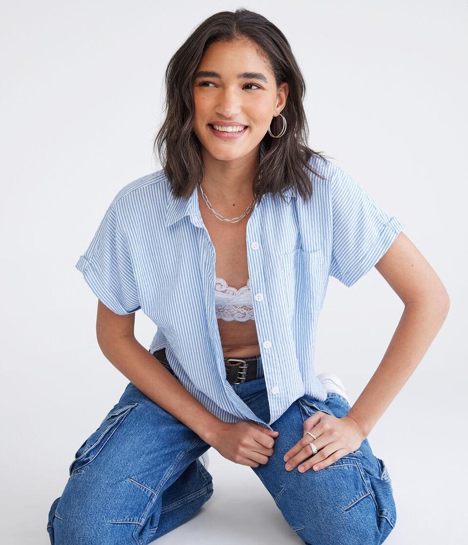 Aéropostale Short Sleeve Thin Stripe Camp Shirt Dreamy Blue