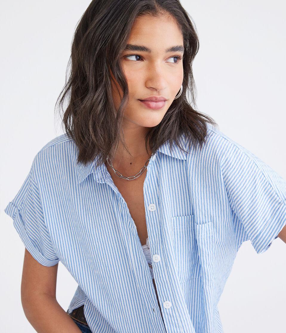 Aéropostale Short Sleeve Thin Stripe Camp Shirt Dreamy Blue