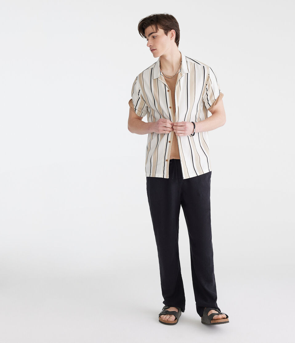 Aéropostale Short Sleeve Vertical Stripe Camp Shirt Cream