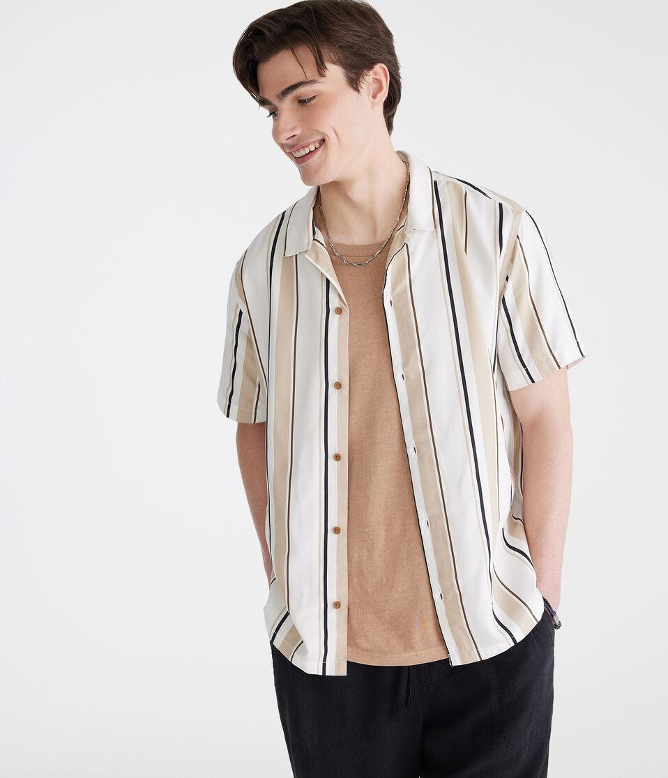 aéropostale Short Sleeve Vertical Stripe Camp Shirt cream