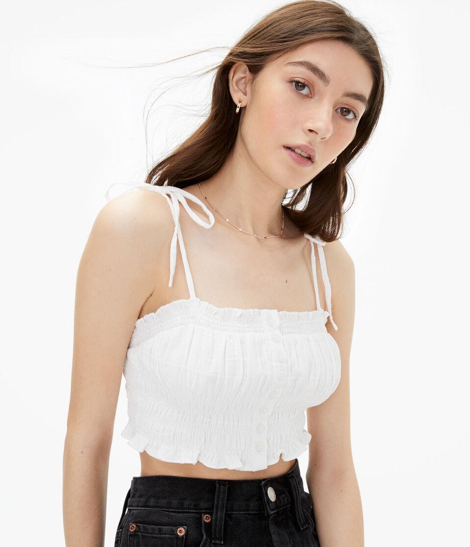 Aéropostale Smocked Button-Front Cropped Tie Tank Cream