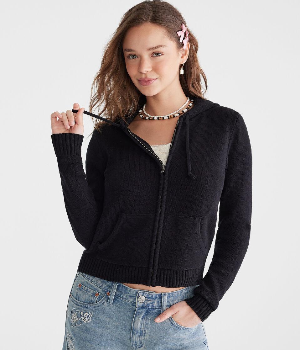 aéropostale Solid Full-Zip Hooded Sweater black fox