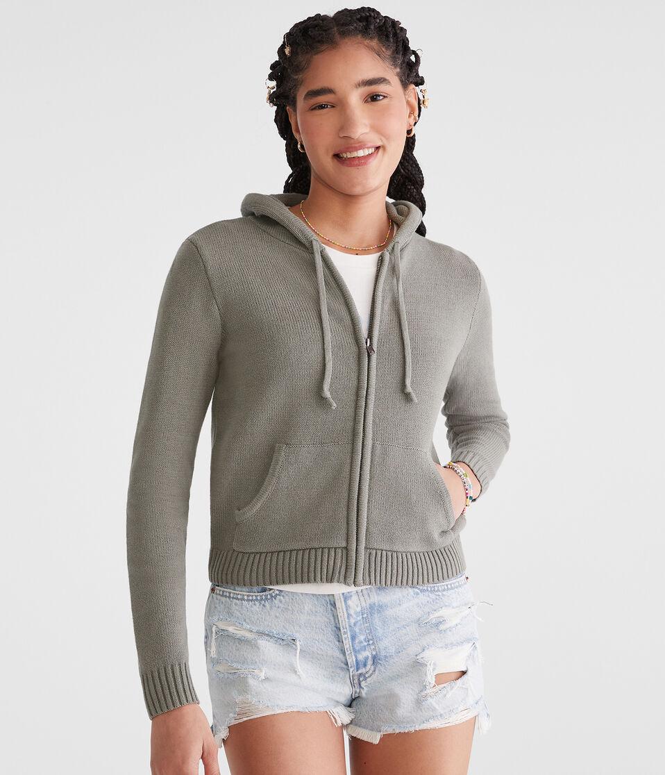 Aéropostale Solid Full-Zip Hooded Sweater Olive Cloud