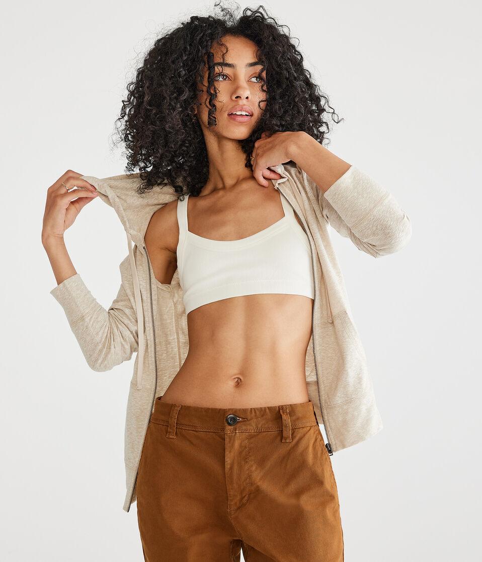 Aéropostale Solid Lightweight Full-Zip Hoodie Almond Cake