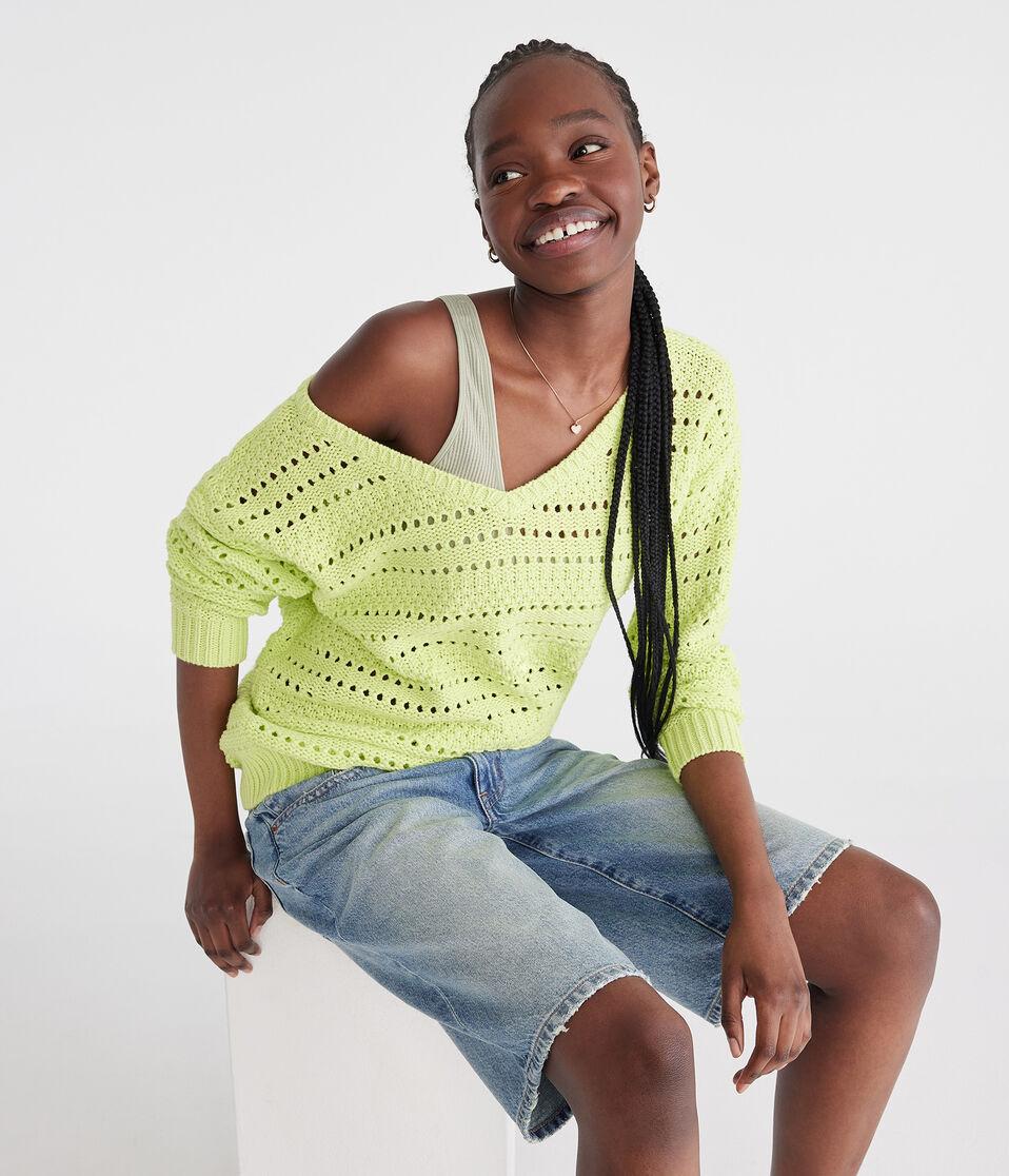 Aéropostale Solid Open-Knit V-Neck Sweater Greenlake