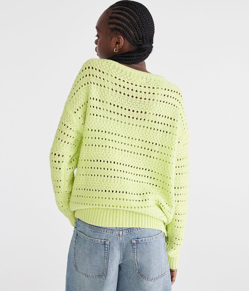 Aéropostale Solid Open-Knit V-Neck Sweater Greenlake