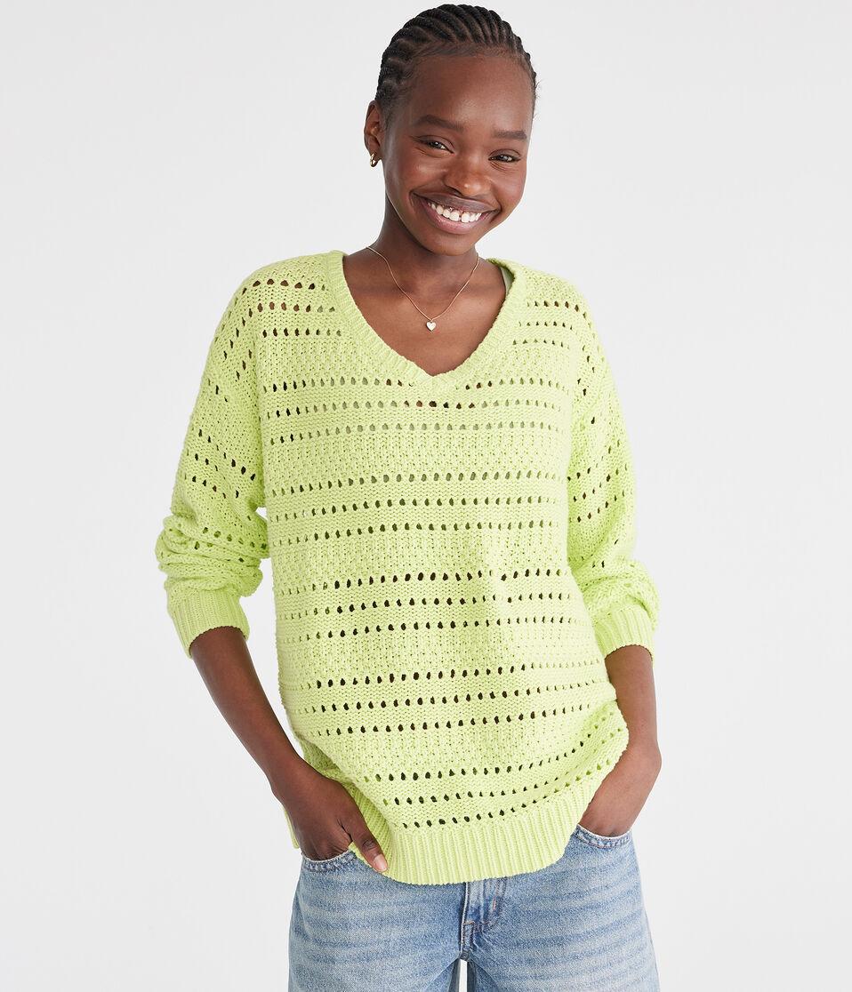 aéropostale Solid Open-Knit V-Neck Sweater greenlake