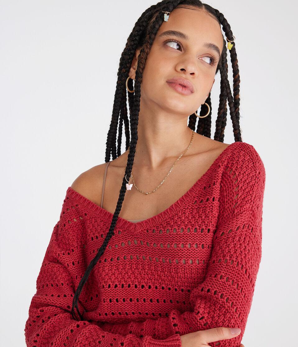 Aéropostale Solid Open-Knit V-Neck Sweater Mellow Rose