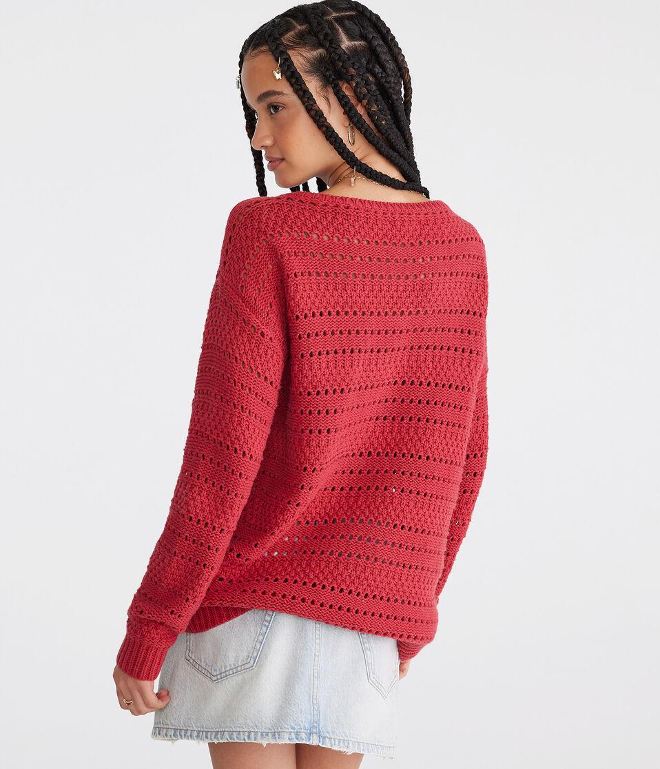 Aéropostale Solid Open-Knit V-Neck Sweater Mellow Rose