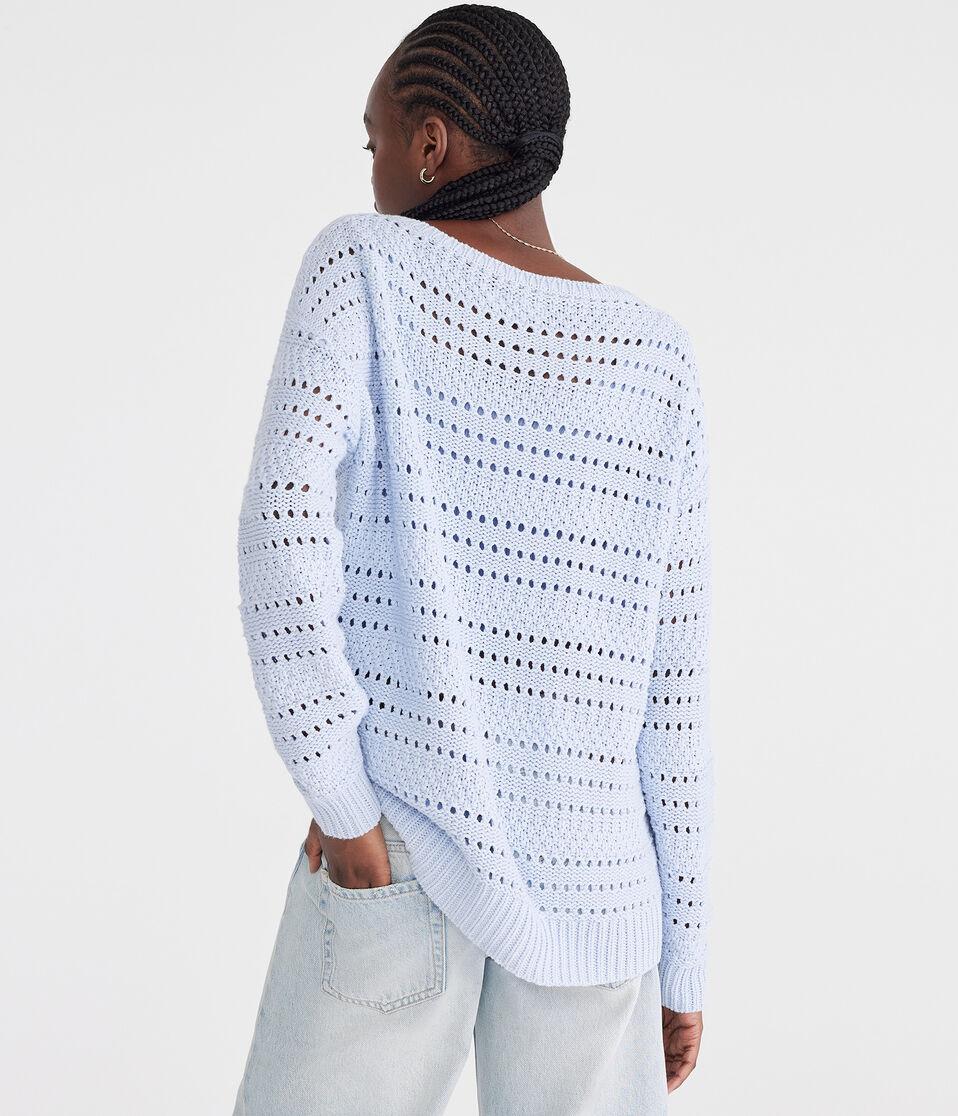 Aéropostale Solid Open-Knit V-Neck Sweater Spirit Blue