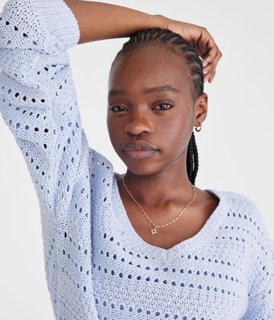 Aéropostale Solid Open-Knit V-Neck Sweater Spirit Blue