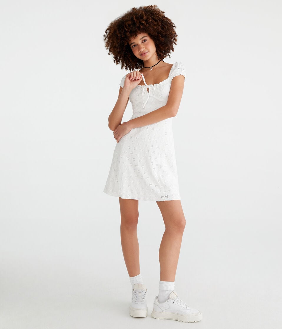 Aéropostale Solid Scoop-Neck Eyelet Empire Mini Dress Cream