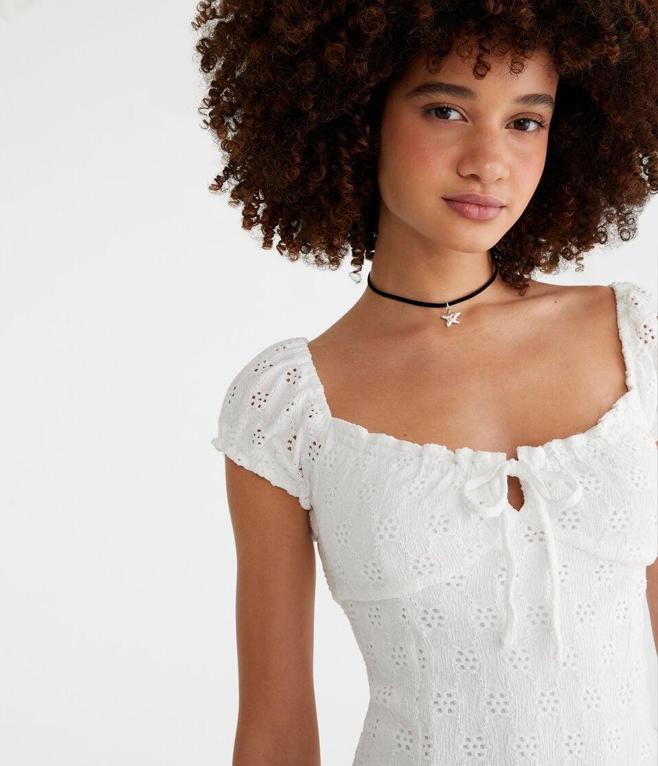 Aéropostale Solid Scoop-Neck Eyelet Empire Mini Dress Cream