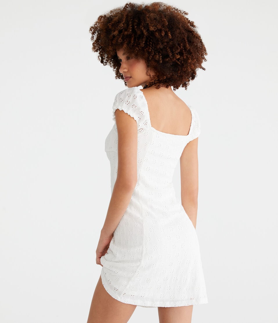Aéropostale Solid Scoop-Neck Eyelet Empire Mini Dress Cream