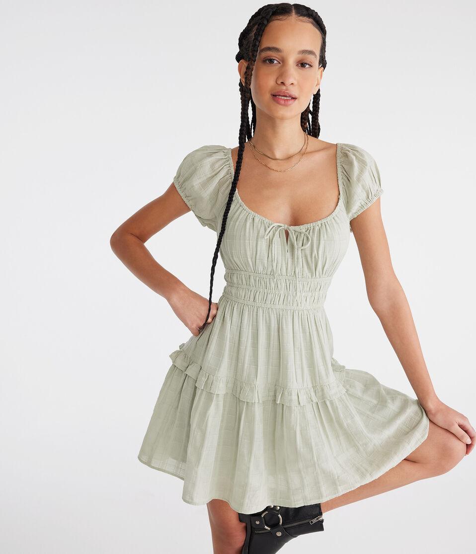 Aéropostale Solid Scoop-Neck Ruffled Fit & Flare Dress Organic Olive
