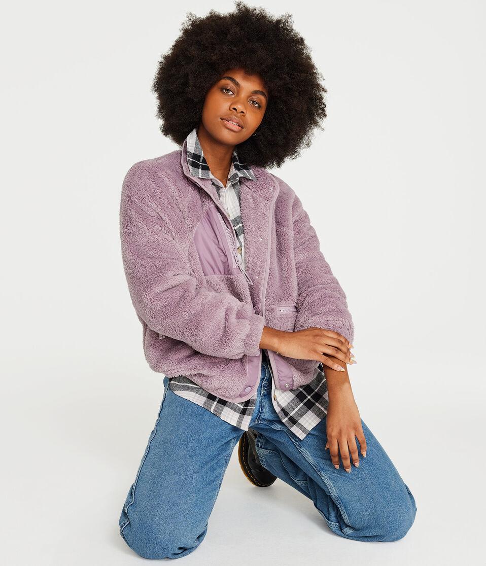 Aéropostale Solid Sherpa Snap Jacket Lavender Escape