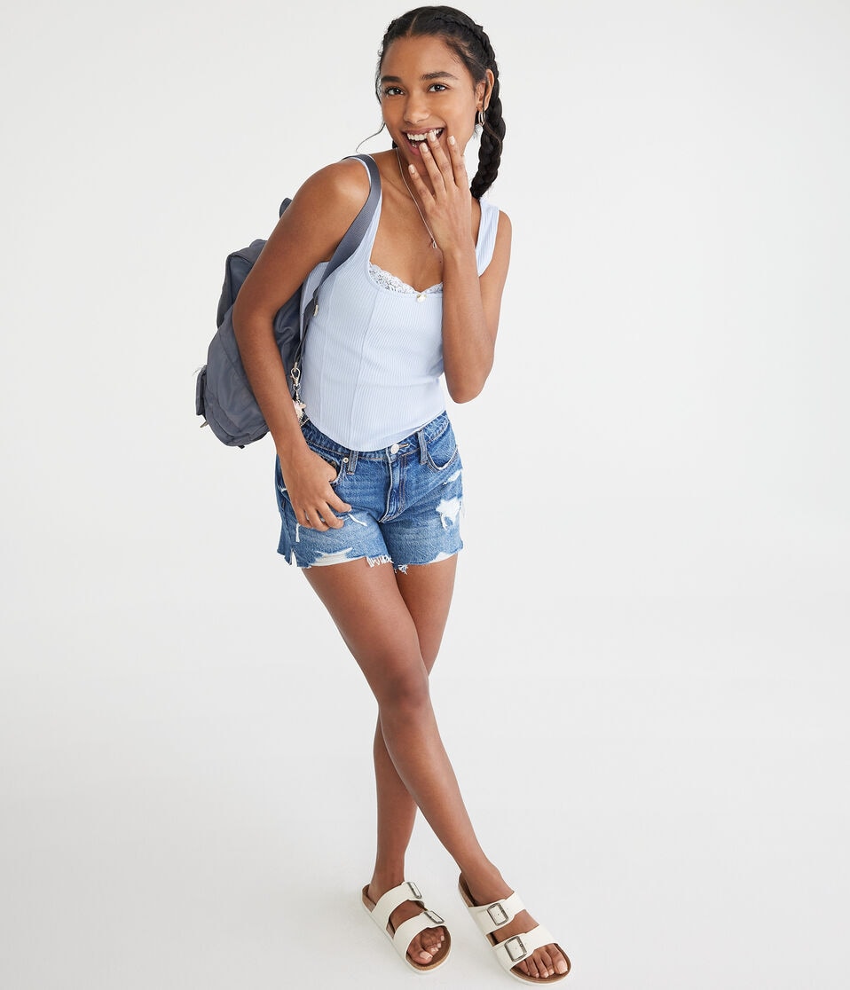 Aéropostale Solid Square-Neck Corset Tank Spirit Blue