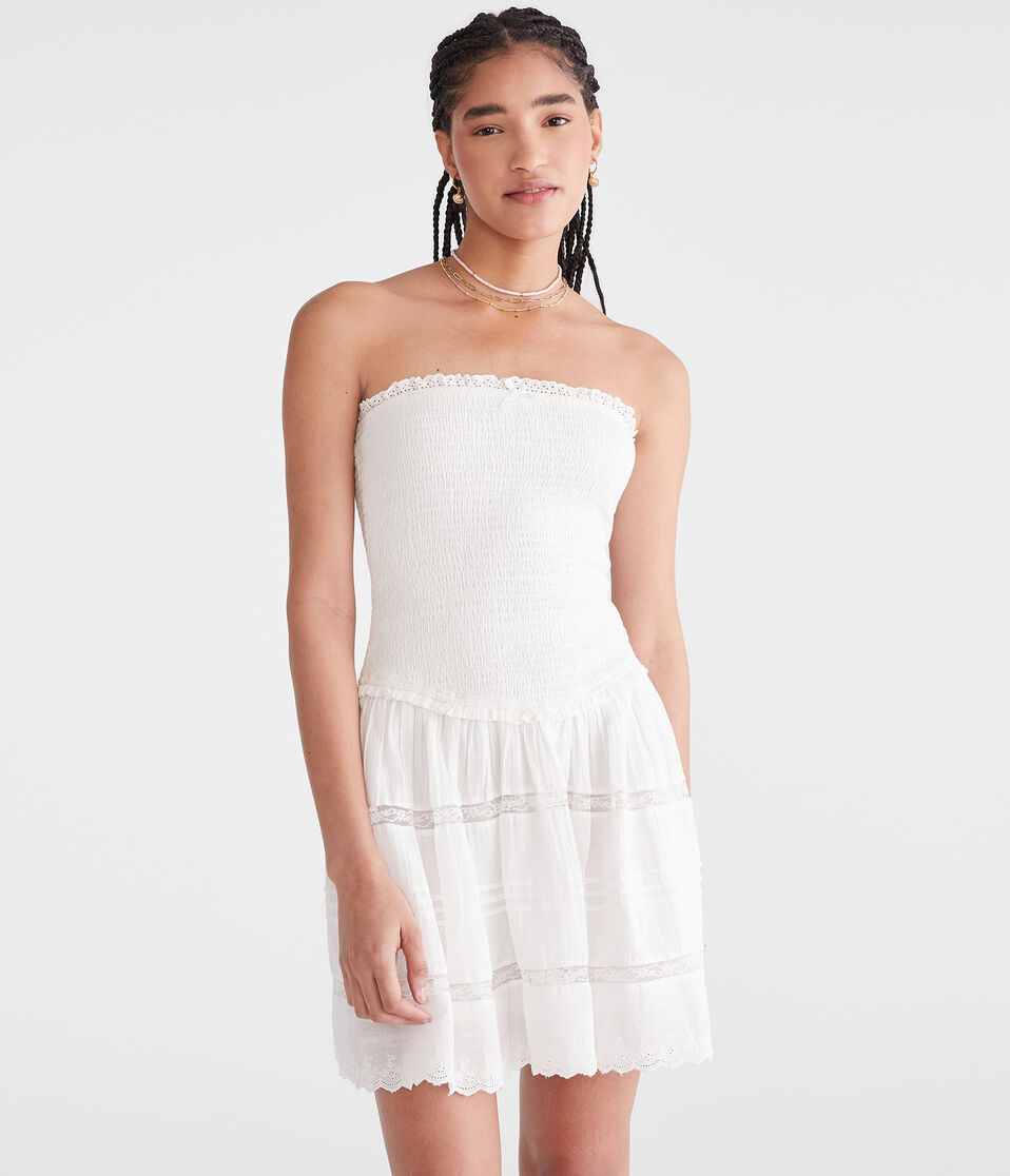 aéropostale Solid Strapless Smocked Lace Drop-Waist Mini Dress cream