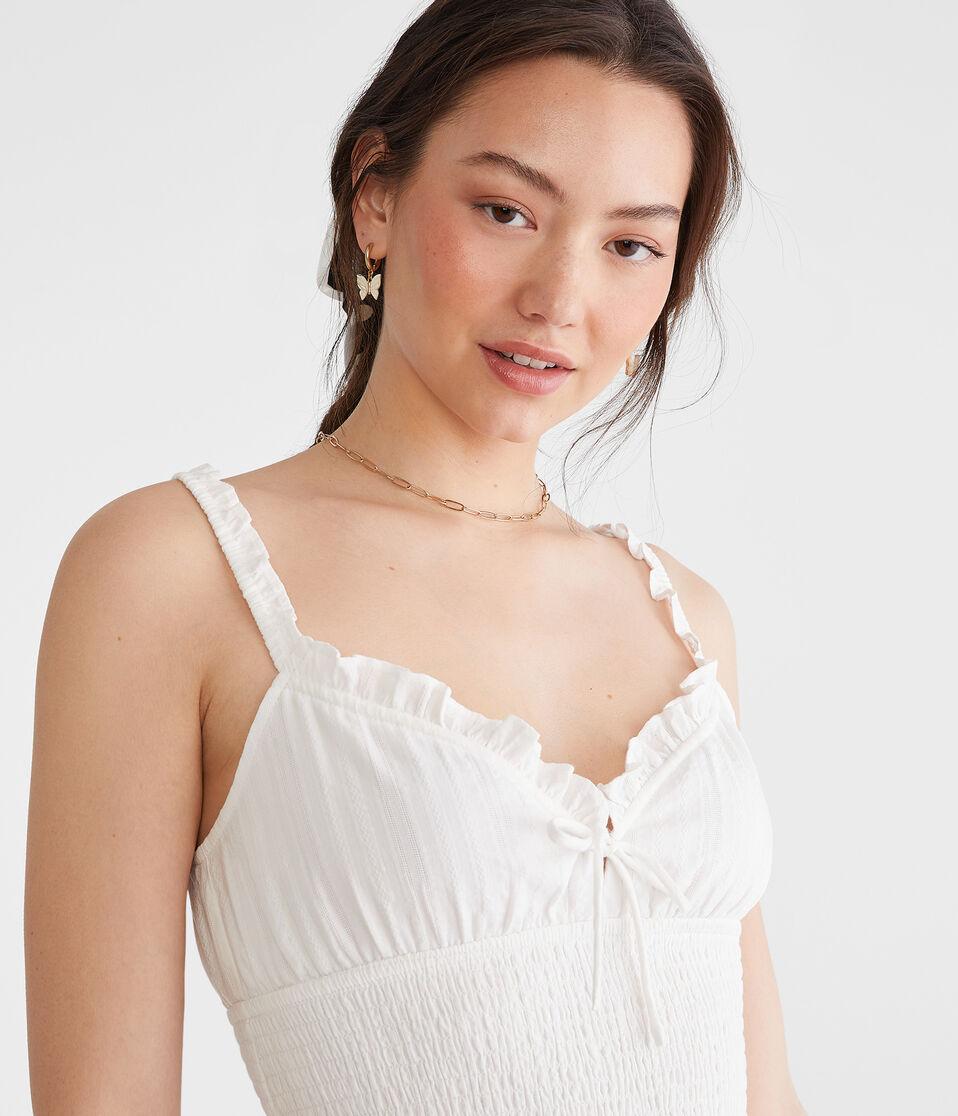 Aéropostale Solid V-Neck Smocked Fit & Flare Dress Cream
