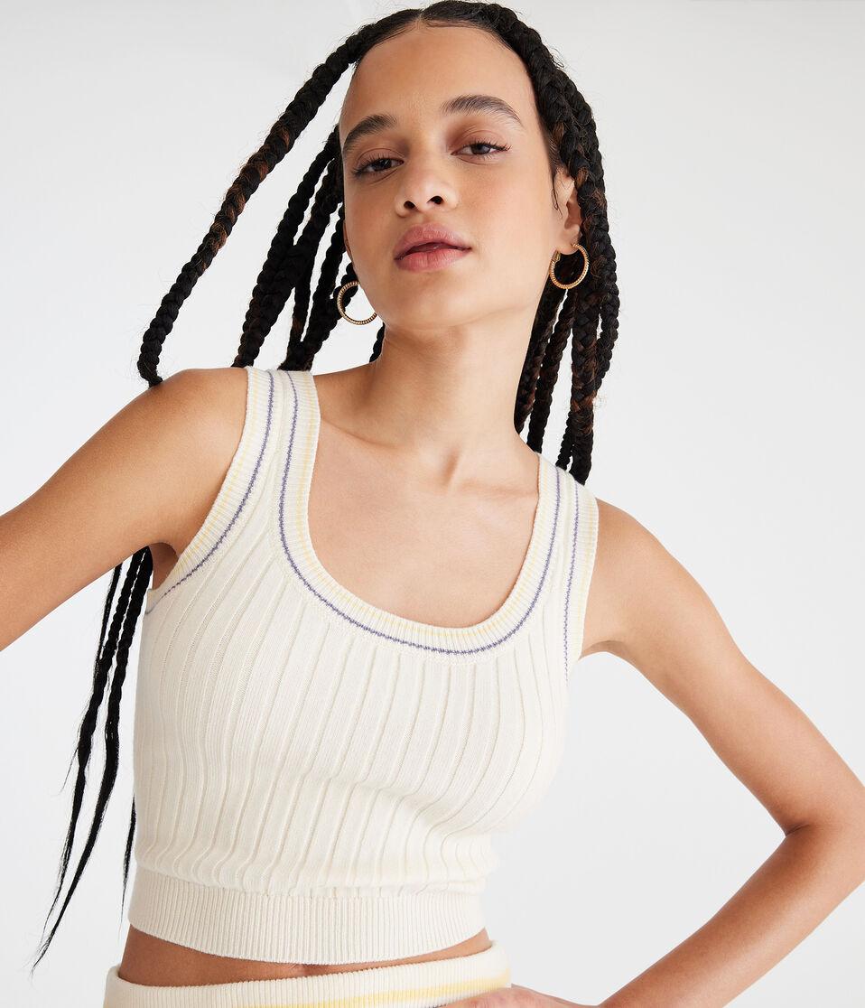 Aéropostale Striped Cropped Scoop-Neck Sweater Tank Nude