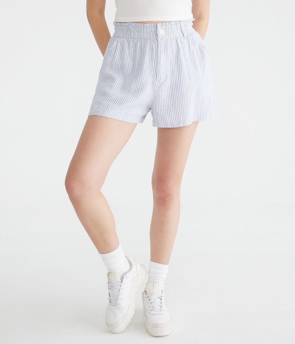 Aéropostale Striped High-Rise Linen Shorts Colony Blue