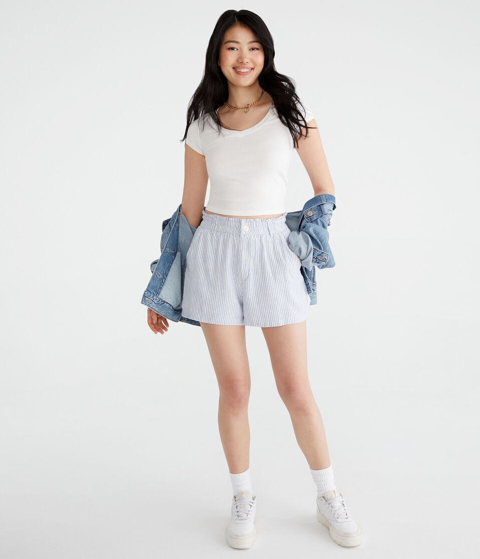 Aéropostale Striped High-Rise Linen Shorts Colony Blue