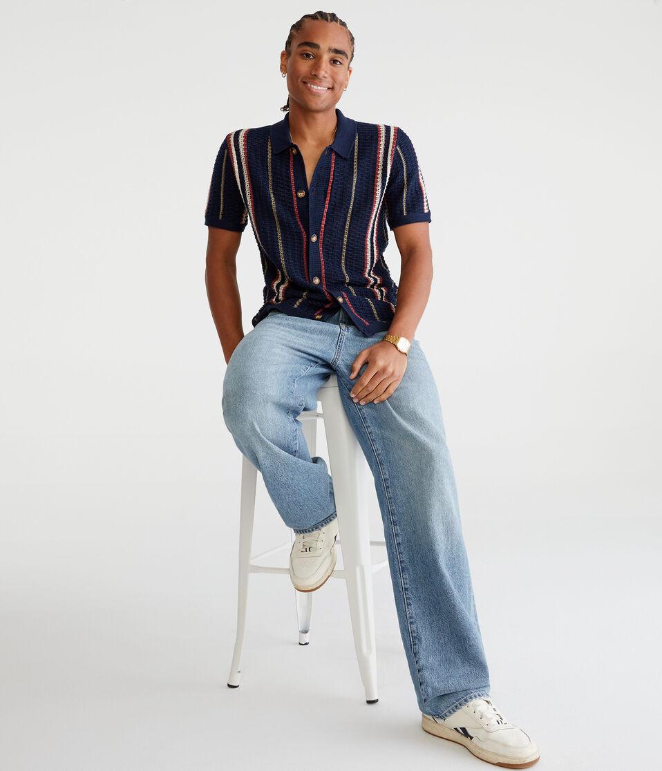 Aéropostale Striped Open-Knit Sweater Shirt Hazy Indigo