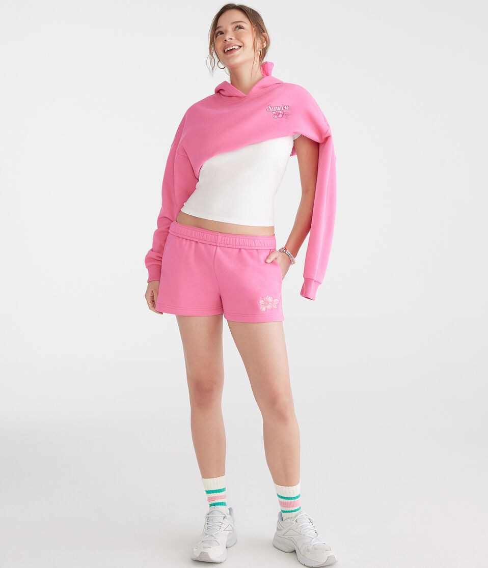 Aéropostale Sunrise Hibiscus High-Rise Fleece Shorts Pink
