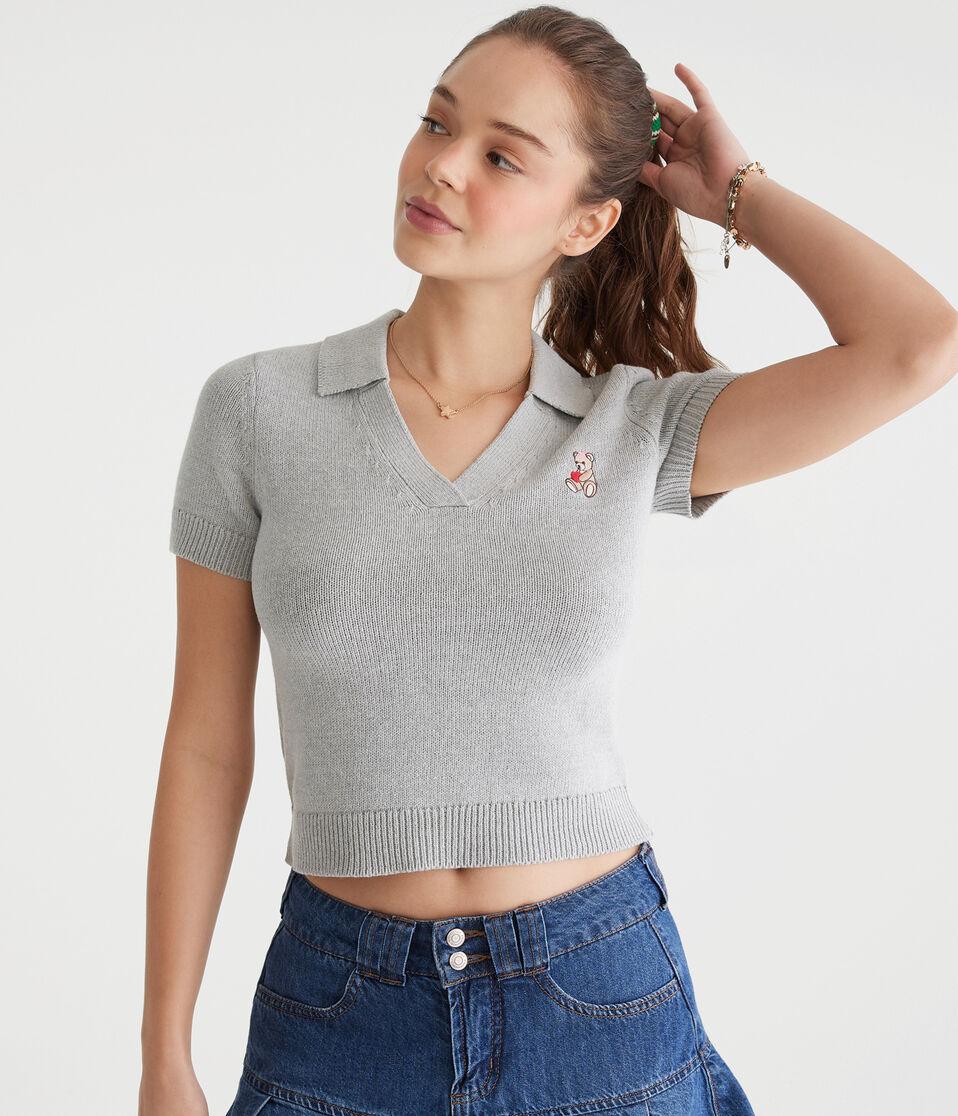 Aéropostale Teddy Bear Cropped Graphic Sweater Polo Light Heather Grey