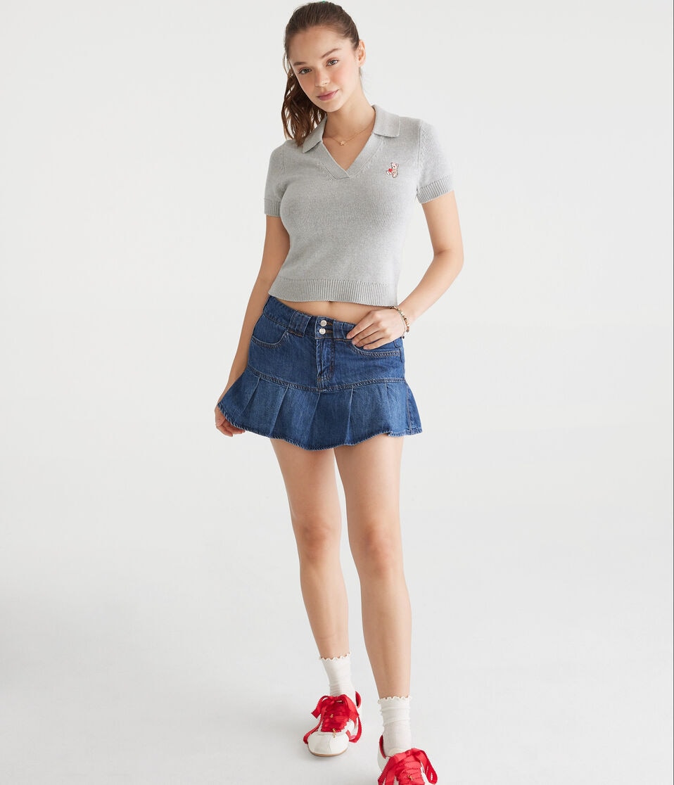 Aéropostale Teddy Bear Cropped Graphic Sweater Polo Light Heather Grey