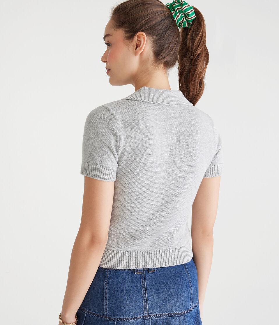 Aéropostale Teddy Bear Cropped Graphic Sweater Polo Light Heather Grey