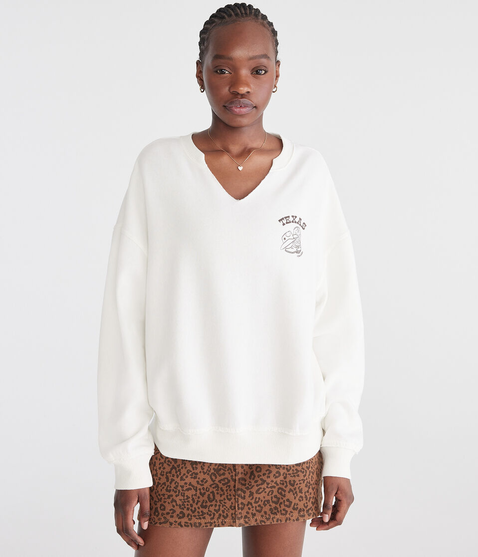 Aéropostale Texas Cowgirl Oversized Notch-Neck Sweatshirt Cream