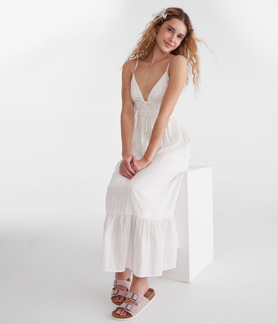 Aéropostale Textured Stripe V-Neck Tie-Front Maxi Dress Cream