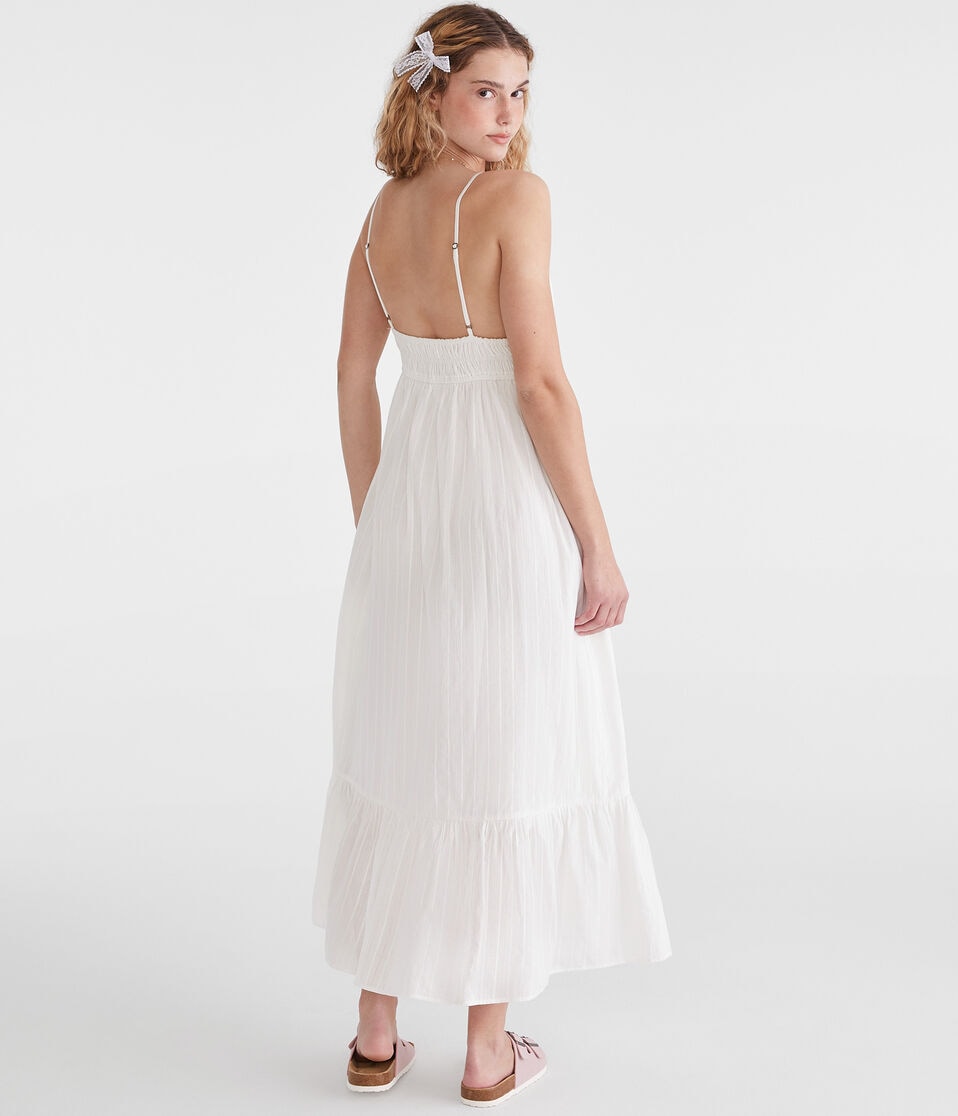 Aéropostale Textured Stripe V-Neck Tie-Front Maxi Dress Cream