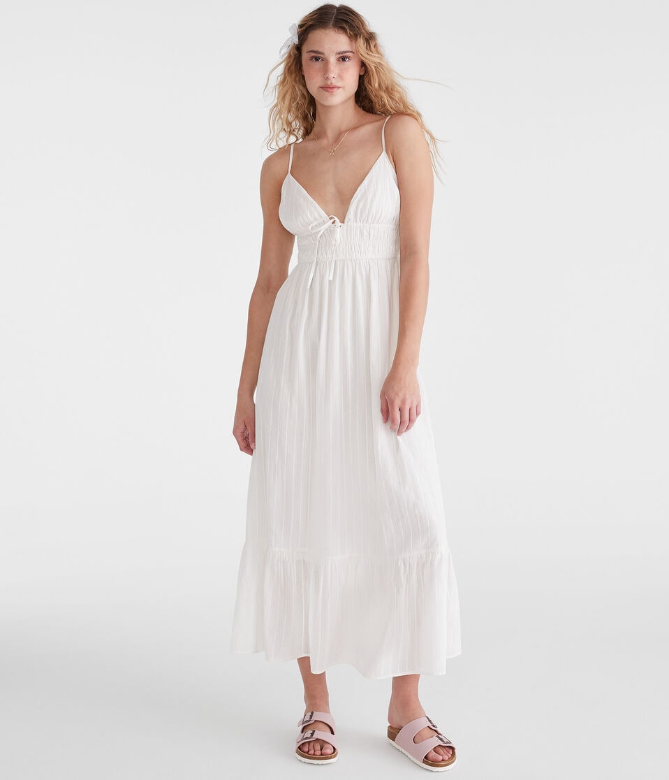 aéropostale Textured Stripe V-Neck Tie-Front Maxi Dress cream