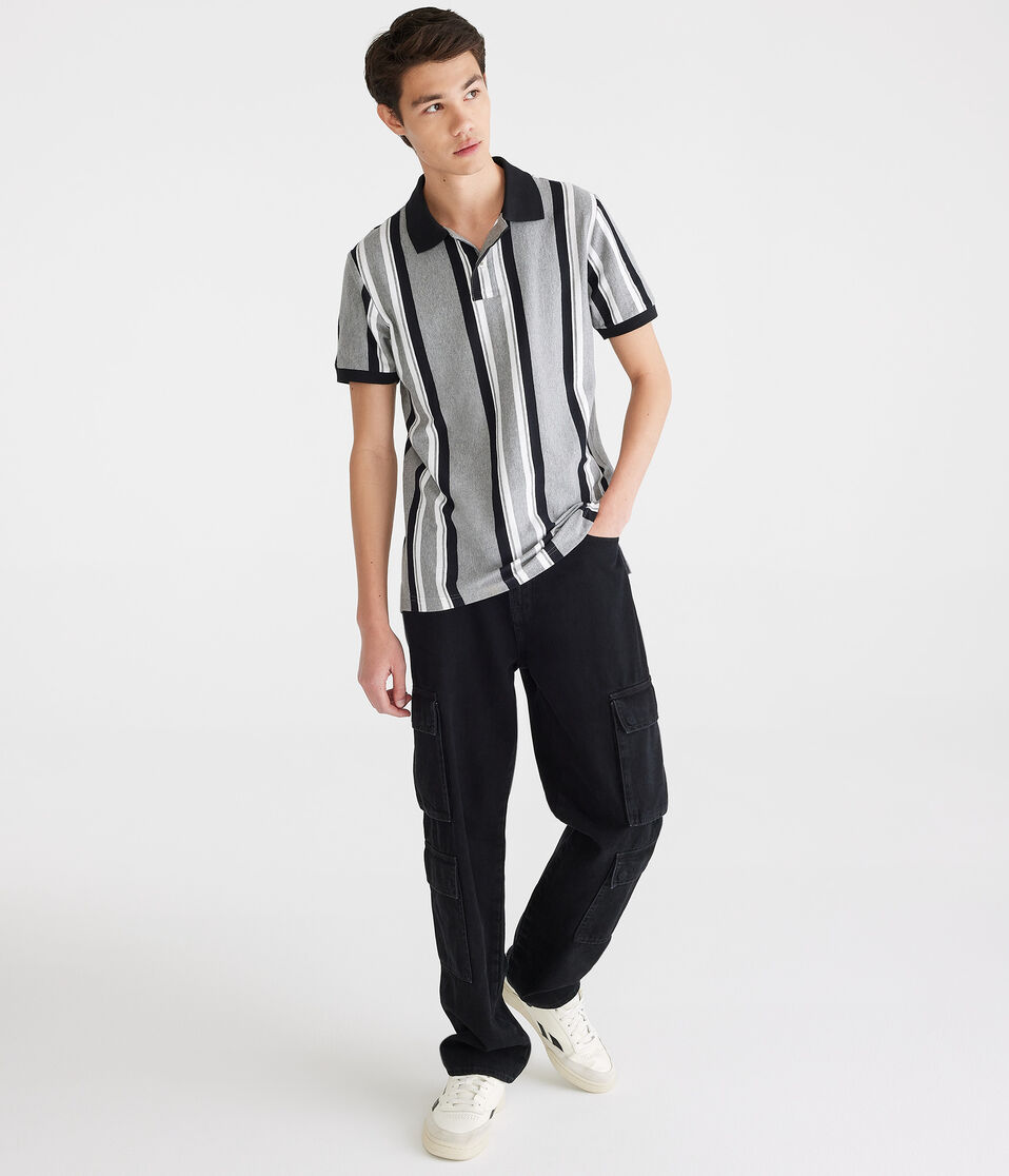 Aéropostale Vertical Stripe Jersey Polo Med Hthr Grey