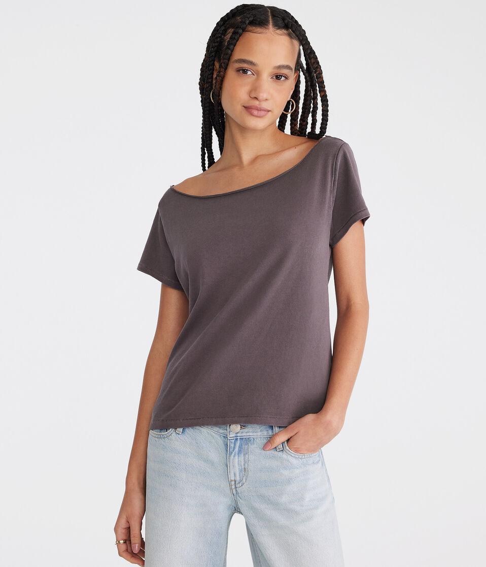 aéropostale Washed Off-The-Shoulder Vintage Fit Crew Tee academy grey