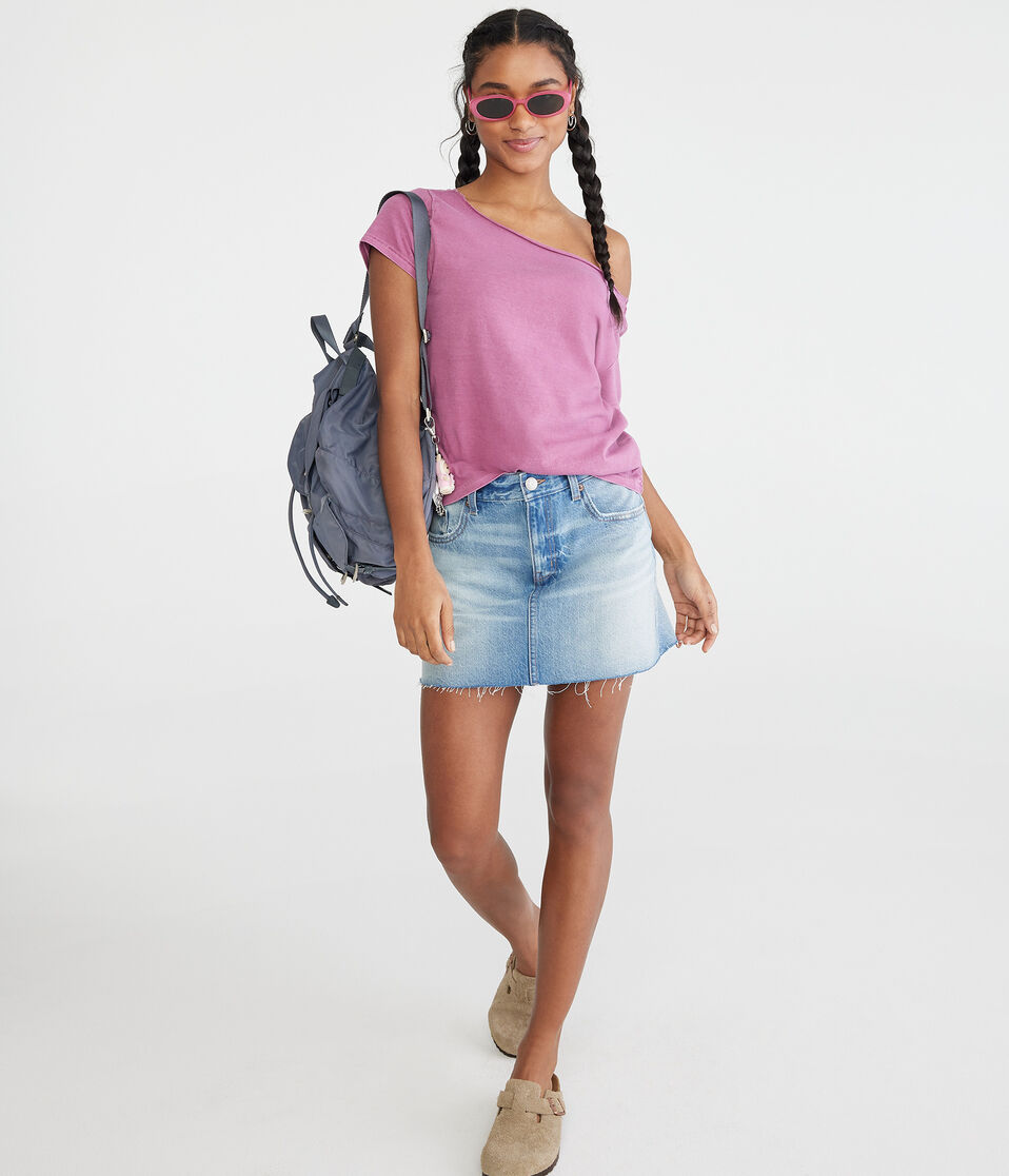 Aéropostale Washed Off-The-Shoulder Vintage Fit Crew Tee Burgundy