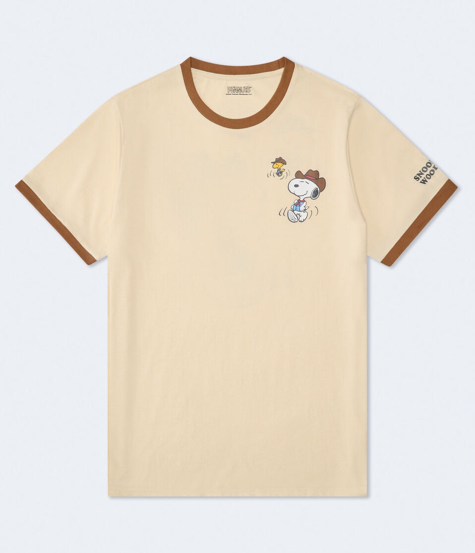 Aéropostale Western Snoopy & Woodstock Relaxed Ringer Graphic Tee Tan