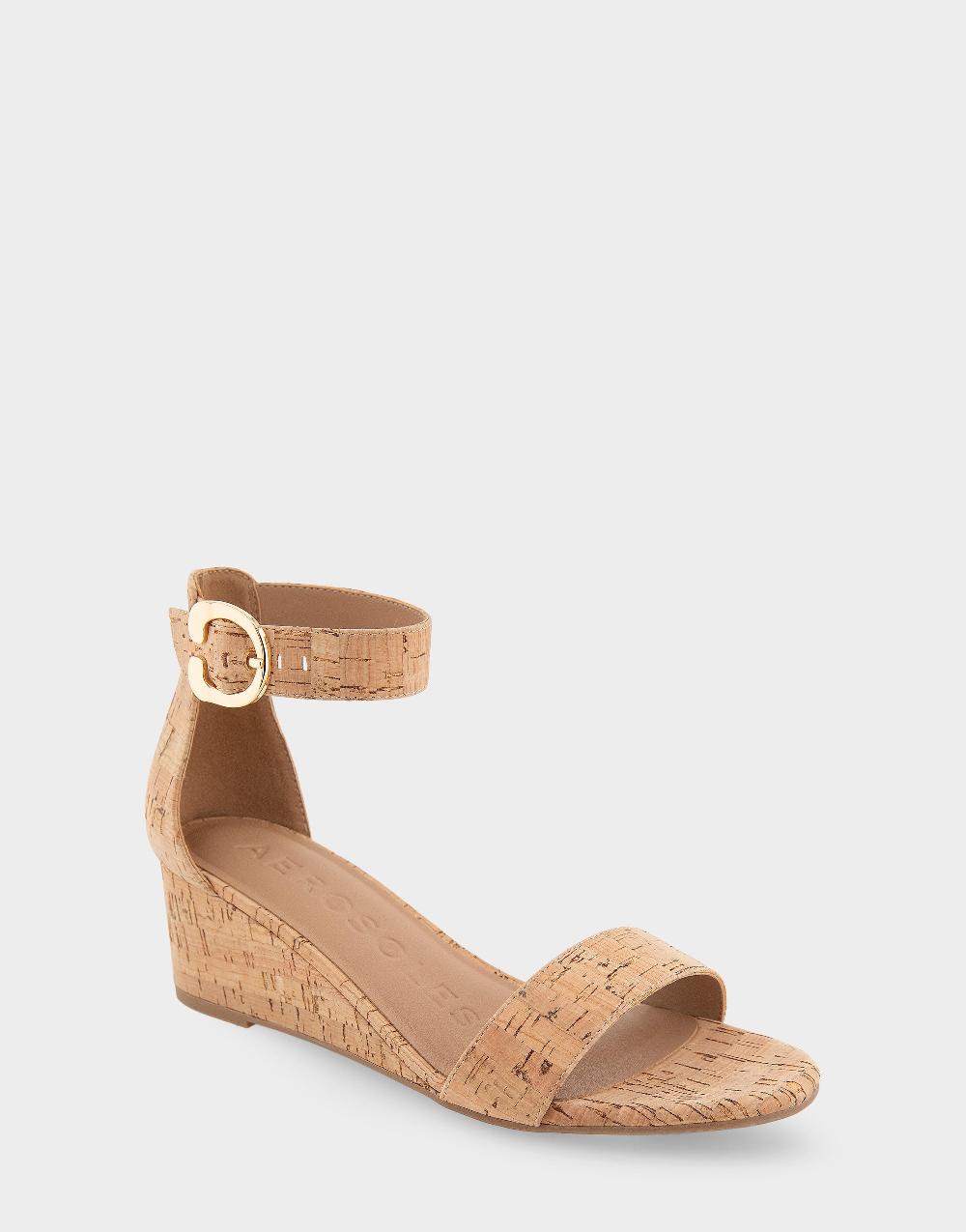 Aerosoles Comfortable Women's Ankle Strap Mid Wedge Sandal In Cork Faux Leather Cork