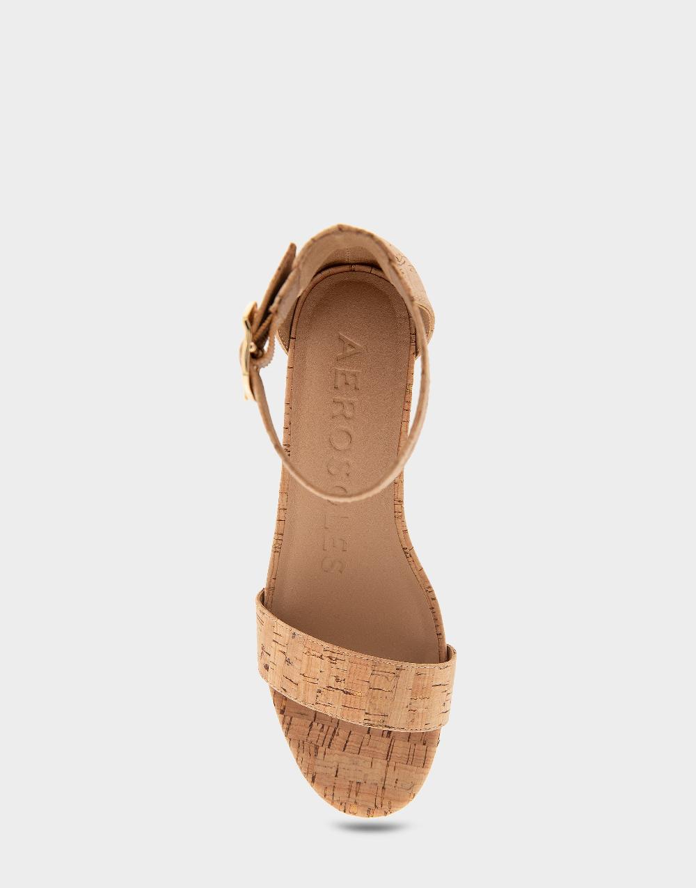 Aerosoles Comfortable Women's Ankle Strap Mid Wedge Sandal In Cork Faux Leather Cork