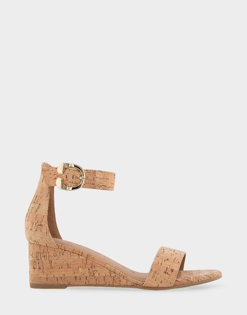 aerosoles Comfortable Women's Ankle Strap Mid Wedge Sandal in Cork Faux Leather Cork