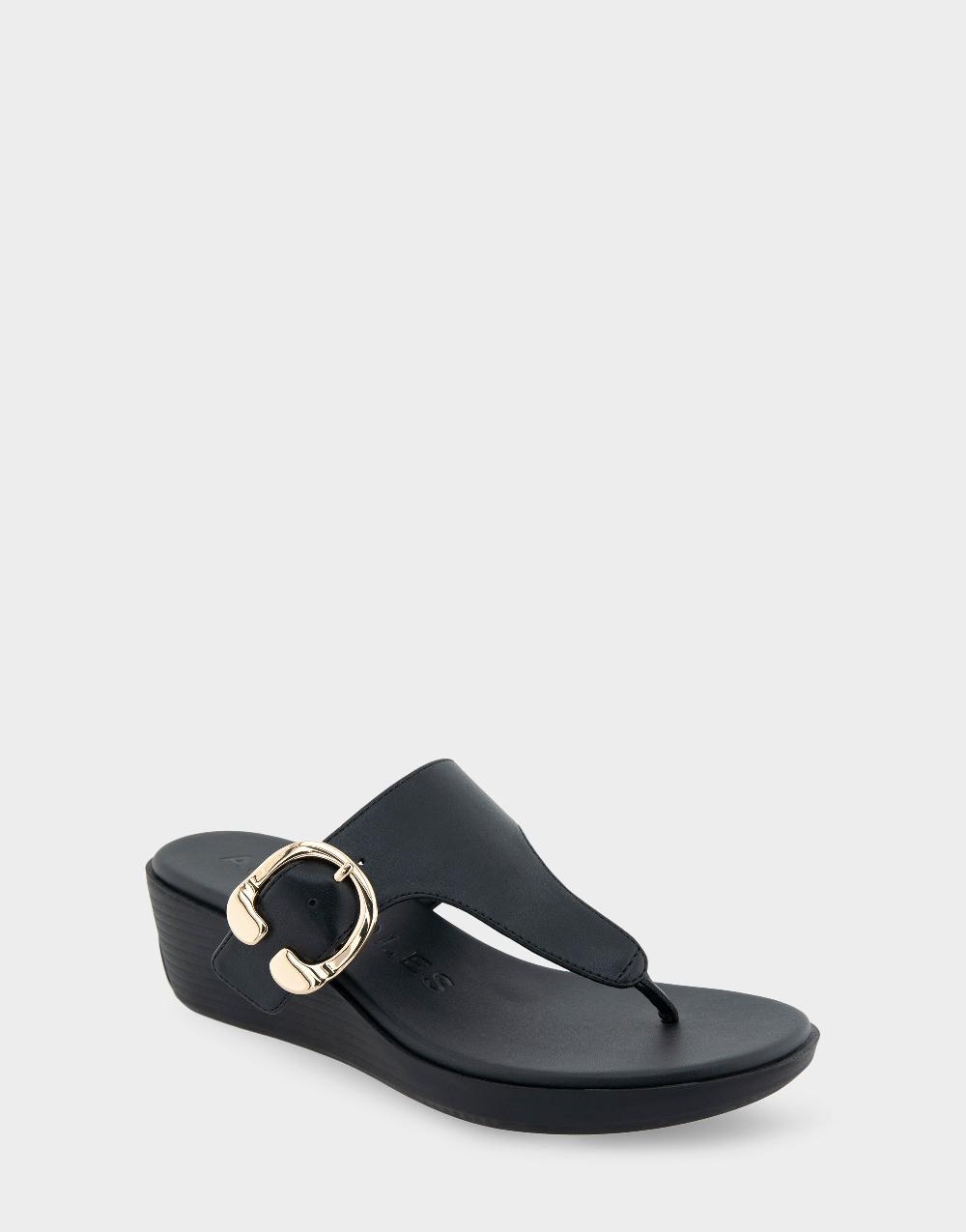 Aerosoles Comfortable Women's Buckle Detail Wedge Thong Sandal In Black Faux Leather