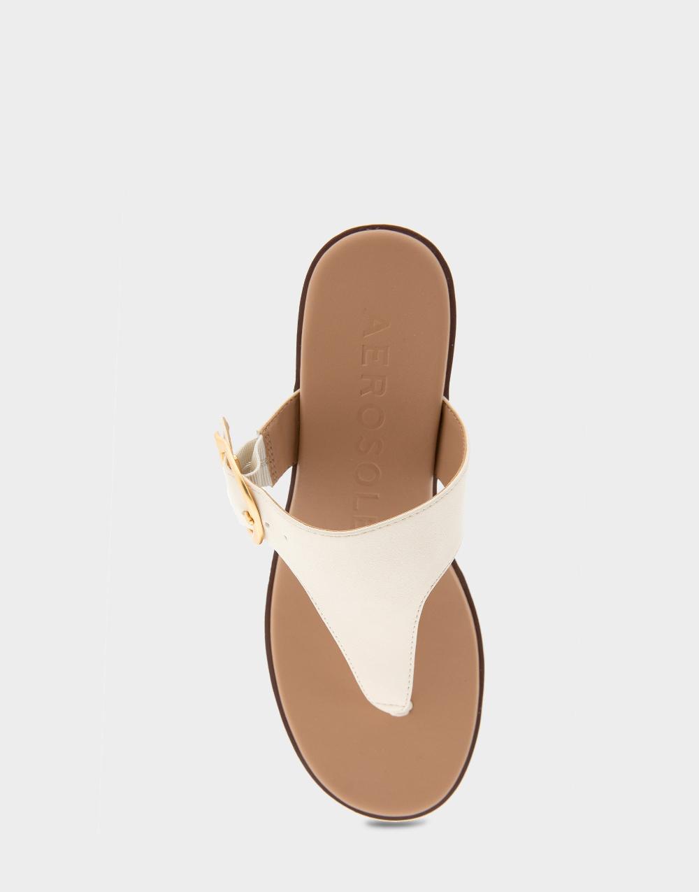 Aerosoles Comfortable Women's Buckle Detail Wedge Thong Sandal In Eggnog Faux Leather