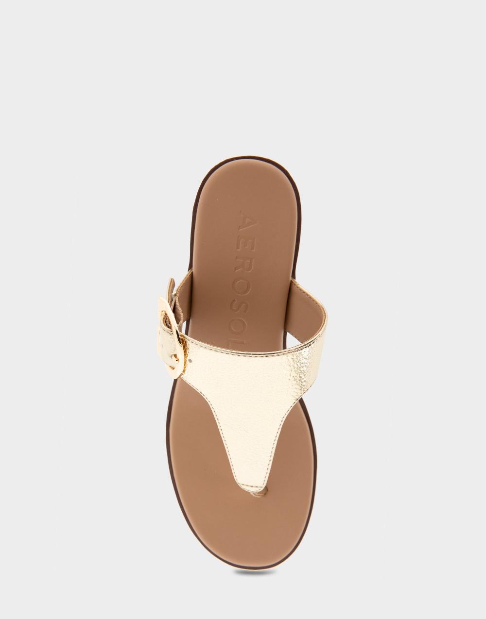 Aerosoles Comfortable Women's Buckle Detail Wedge Thong Sandal In Soft Gold Faux Leather